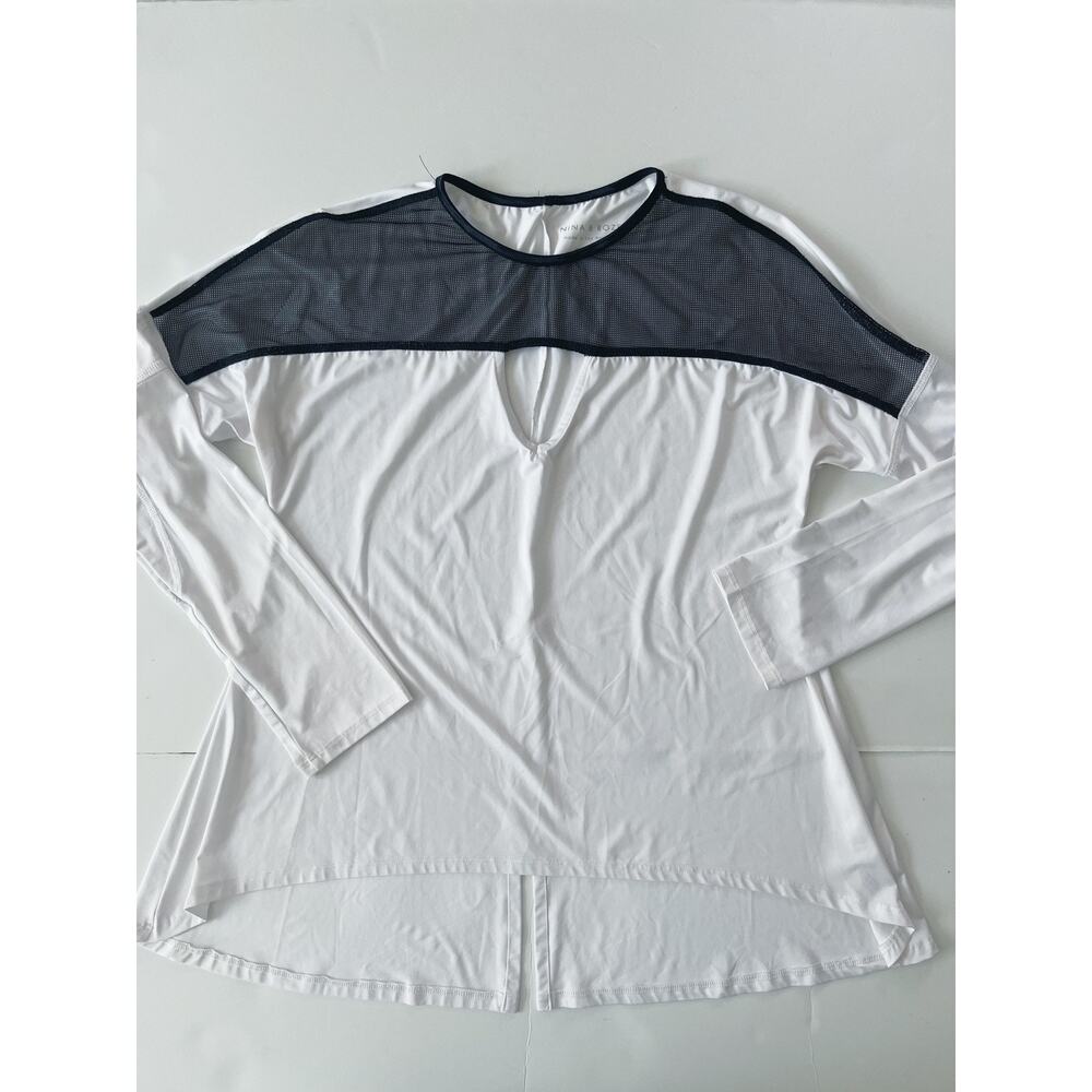 Nina B Roze Shirt Womens S White Mesh Yoke Long Sleeve High Low Hem Tunic Top